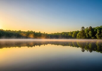 Obraz premium A serene lake at dawn reflects soft golden light as mist rises from the surface, surrounded by lush green trees and absolute silence, golden hour, lake, summer