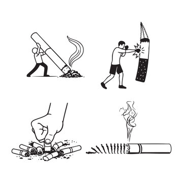 World No Tobacco Day Cigarette Awareness Vector. Showing people and hands destroying cigarettes with no smoking symbols