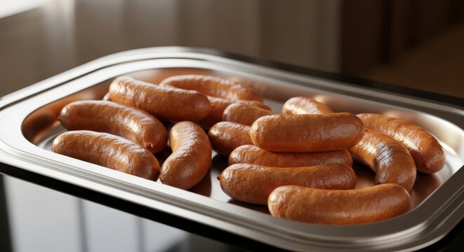 Golden brown breakfast sausages served in a heated silver metal tray at a luxury hotel buffet station with natural morning light reflections, preparation, tasty, nutrition