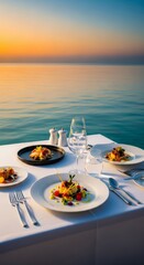 Obraz premium Gourmet dinner set on a white tablecloth at an outdoor terrace overlooking calm turquoise waters during a glowing golden sunset hour, coastal, meal, lunch