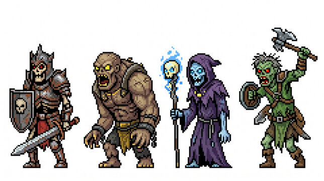 Pixel Art Undead Fantasy Characters Skeleton Warrior Zombie and Lich