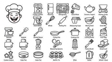 Fototapeta premium Labeled baking tools and kitchen appliances outline icons, educational vector for pastry.