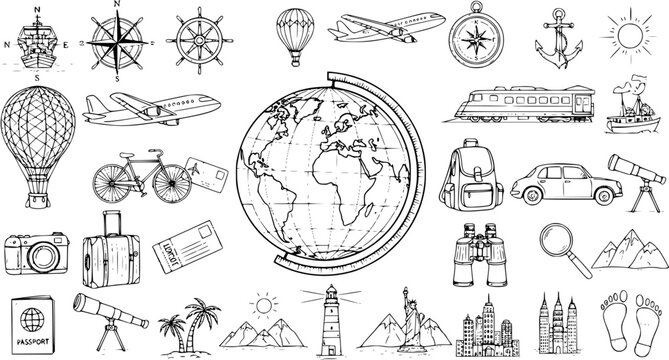 Hand-drawn travel and adventure doodles set with globe, hot air balloons, passport, compass, camera, suitcase, plane, car, train, and famous landmarks.