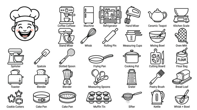 Labeled baking tools and kitchen appliances outline icons, educational vector for pastry.