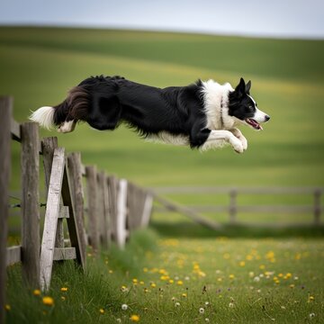 Energetic Border Collie dog jumping over a wooden fence in a lush green meadow.
