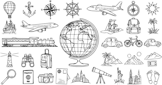 Hand drawn travel and adventure doodle icons set. Outline sketch collection with globe, airplane, train, car, passport, camera, landmarks, and exploration elements.