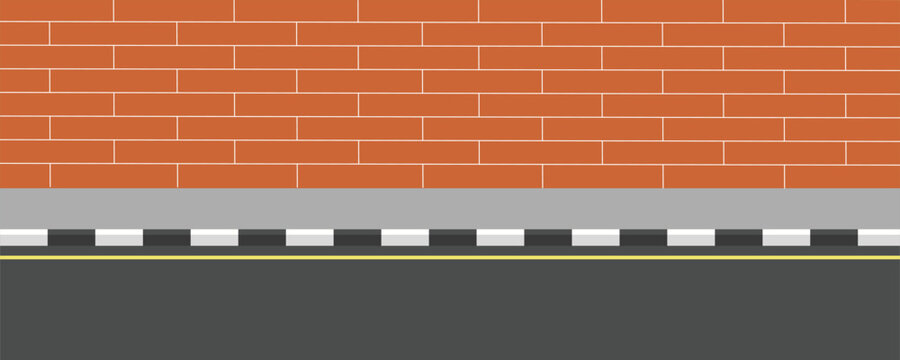 Illustration of a brick wall with a sidewalk and asphalt road, suitable for background use or design purposes, in a minimalist style, perfect for various visual projects.