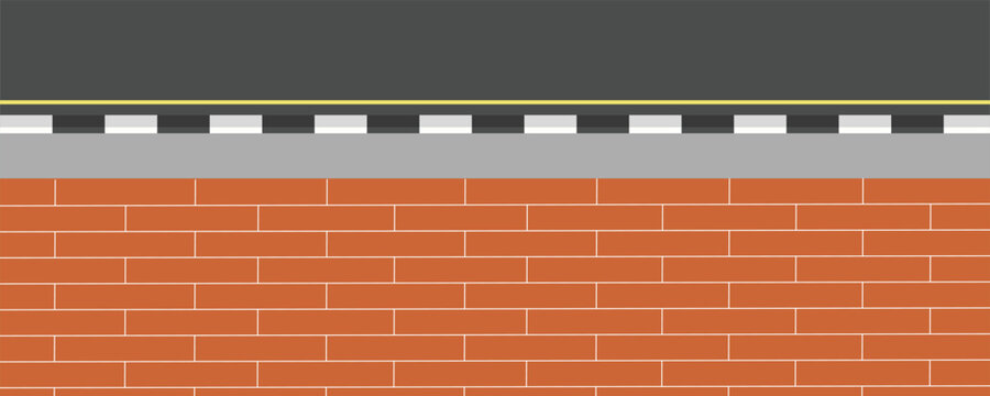 Illustration of a brick wall with a sidewalk and asphalt road, suitable for background use or design purposes, in a minimalist style, perfect for various visual projects.