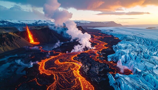 Dramatic Fire and Ice Volcanic Landscape with Lava Rivers and Snow Glacier