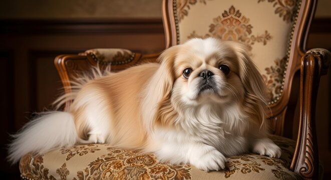 A Regal Pekingese Dog Sitting on an Antique Upholstered Chair.