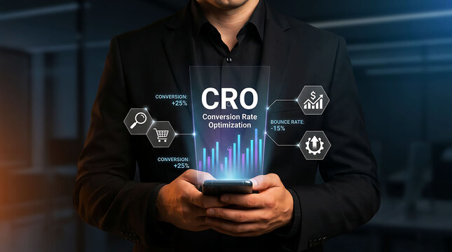 Businessman analyzing CRO conversion rate optimization data on digital smartphone