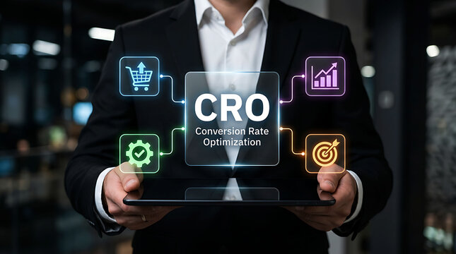 Businessman holding tablet with CRO conversion rate optimization marketing icons
