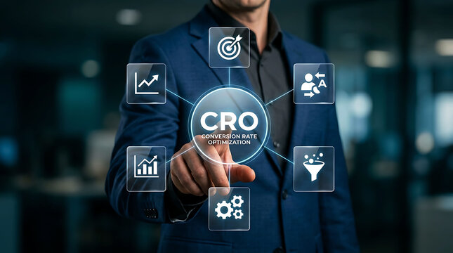 Businessman touching CRO Conversion Rate Optimization icon digital interface screen