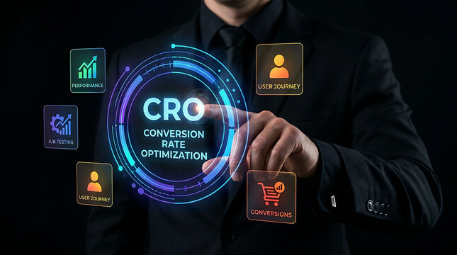 Businessman pointing at CRO conversion rate optimization digital interface screen