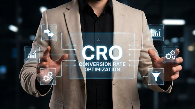 Businessman showing CRO conversion rate optimization digital interface marketing