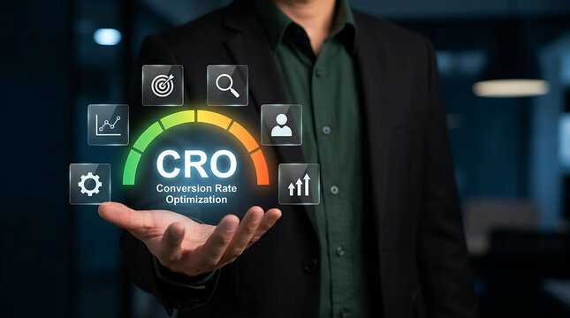 Businessman holding conversion rate optimization CRO concept with digital icons