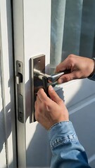 Obraz premium Closeup of a persons hands using a tool to repair or adjust a modern white door handle