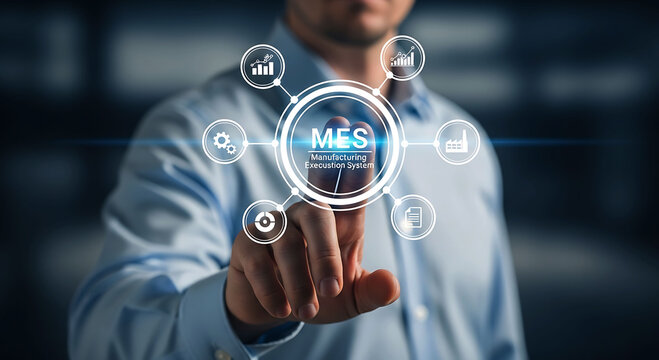 Manufacturing Execution System MES concept with businessman touching virtual icons