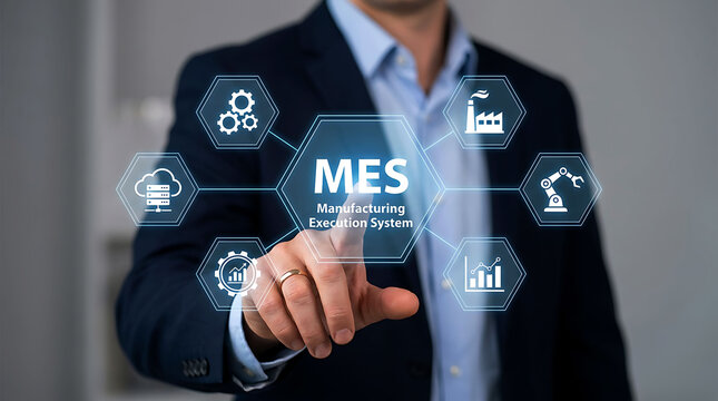 Manufacturing Execution System MES concept with businessman touching digital icons