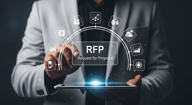 Businessman using tablet with RFP Request for Proposal virtual interface icons