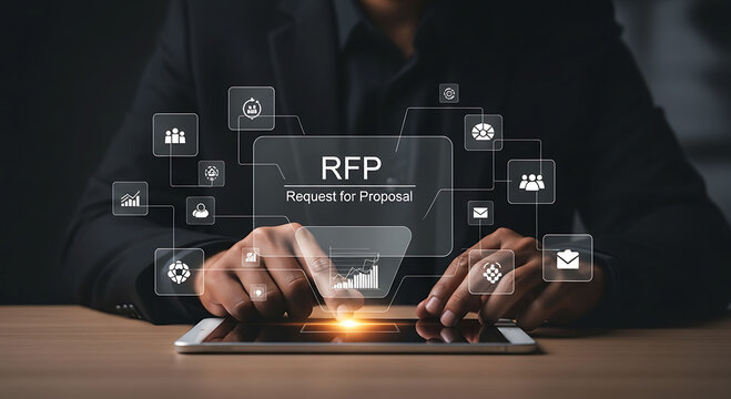 Businessman using digital tablet for RFP Request for Proposal virtual interface