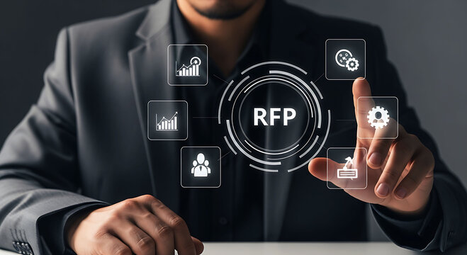 Businessman pointing at RFP Request for Proposal virtual screen interface icons