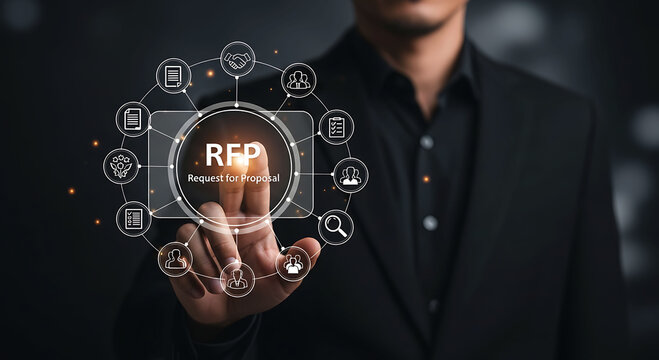 Businessman touching RFP Request for Proposal virtual screen with business icons