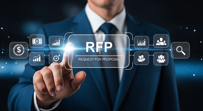 Businessman pointing at RFP Request for Proposal virtual screen with finance icons