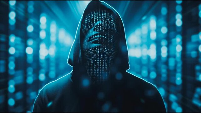 Hacker are planning to hack and attack networks and cyber security systems and stands on the peak of success amid tall, innovative Smart city and graphs with statistics to analyze business potential