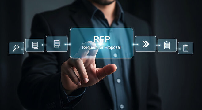 Businessman touching RFP Request for Proposal virtual screen with document icons