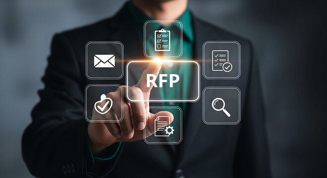 Businessman pointing at RFP Request for Proposal virtual screen with digital icons
