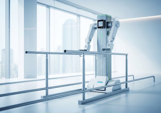 Advanced robotic mobility aid integrated with parallel steel bars inside a bright, modern physical therapy clinic featuring glass windows, hardware, innovation, rehabilitation