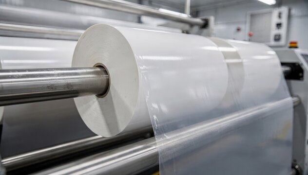 Medium shot capturing the precision application of silicone release liners on paper rolls for label backings during production in a controlled atmosphere.
