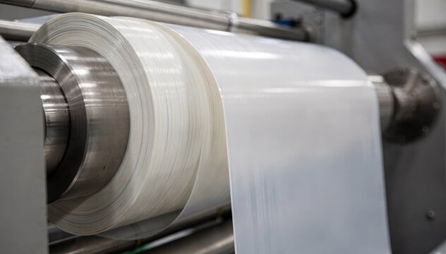 Closeup medium shot capturing wide bag laminates tightly wound on industrial rollers highlighting efficient material handling for formfillseal packaging operations.