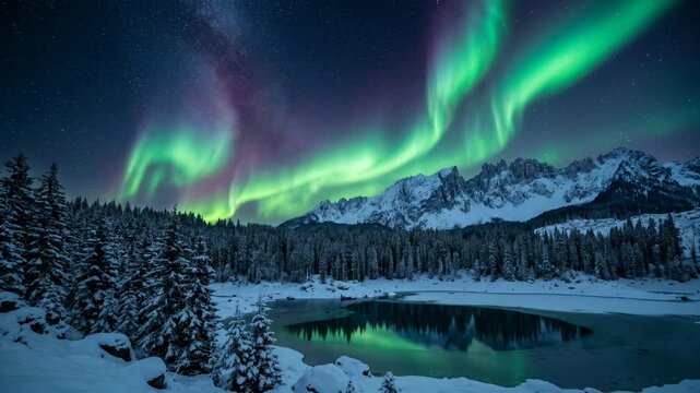 Epic light show of green and pink aurora dancing above a snowy pine forest and a small lake with beautiful reflections at night.