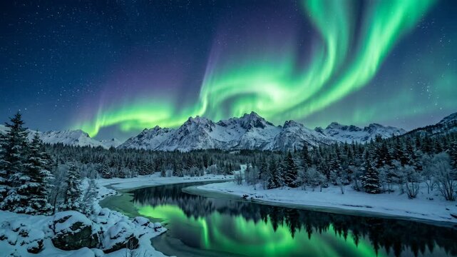 Epic light show of green and pink aurora dancing above a snowy pine forest and a small lake with beautiful reflections at night.