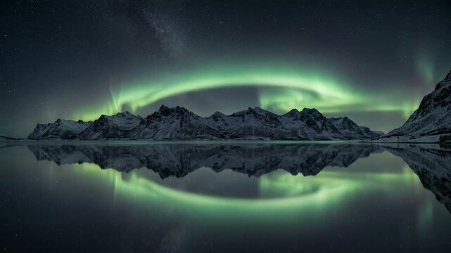 Symmetrical composition of a green aurora arc curving perfectly over mountains with a clear mirror reflection on the lake water surface.