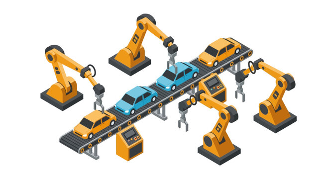 Isometric illustration of automated car manufacturing assembly line with robotic arms.