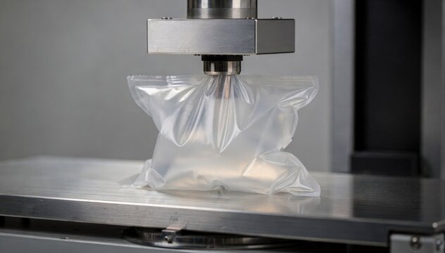 Medium shot focusing on compression testing equipment applying pressure to a bag demonstrating evaluation of resistance to crushing and deformation.