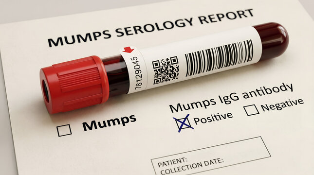 Mumps Serology Report with Positive IgG Antibody Blood Test Tube, Medical Diagnosis Concept