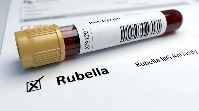 Rubella blood test tube on a clinical laboratory report for IgG antibody serology.