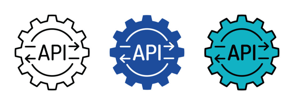 API icon set for software development and data integration outline, solid and color styles, white background