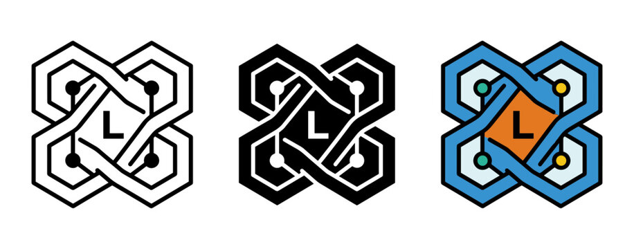 Blockchain technology icon set for cryptocurrency and data security outline, solid and color styles, white background