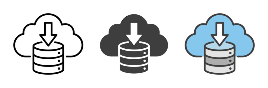 Cloud database download icon set for data storage and backup outline, solid and color styles, white background