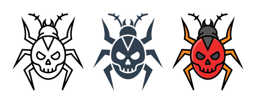 Computer bug icon set for cybersecurity and malware detection outline, solid and color styles, white background