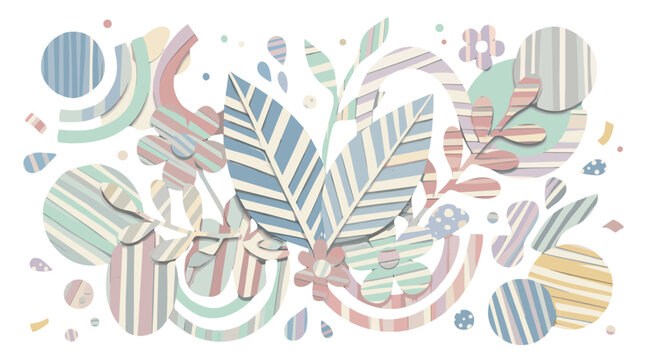 Decorative pastelcolored abstract pattern with leaves and stripes