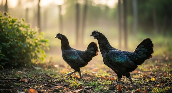 Ayam Cemani, the rare Indonesian black chicken breed, captured in cinematic and luxury environments with glossy dark feathers, dramatic lighting, and premium exotic aesthetics.