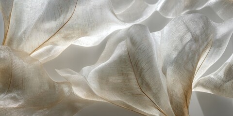 Soft, flowing, semi-transparent fabric curves in natural light. Abstract, ethereal aesthetic