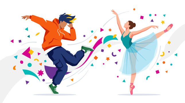 Joyful dancing couple celebrating with confetti and colorful bursts in a festive scene.