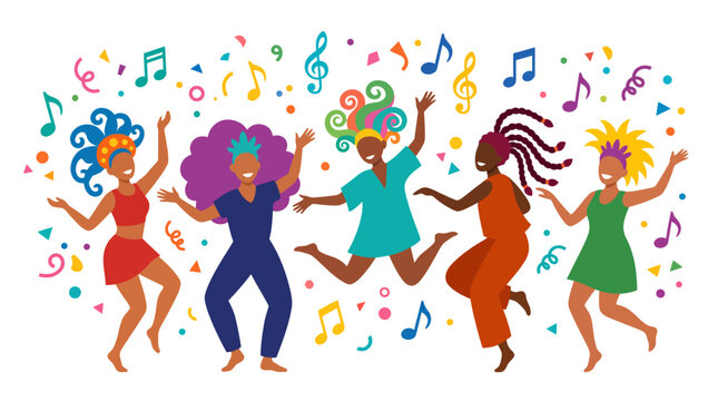 Joyful, colorful scene of animated dancers dancing at a lively party with confetti and music.